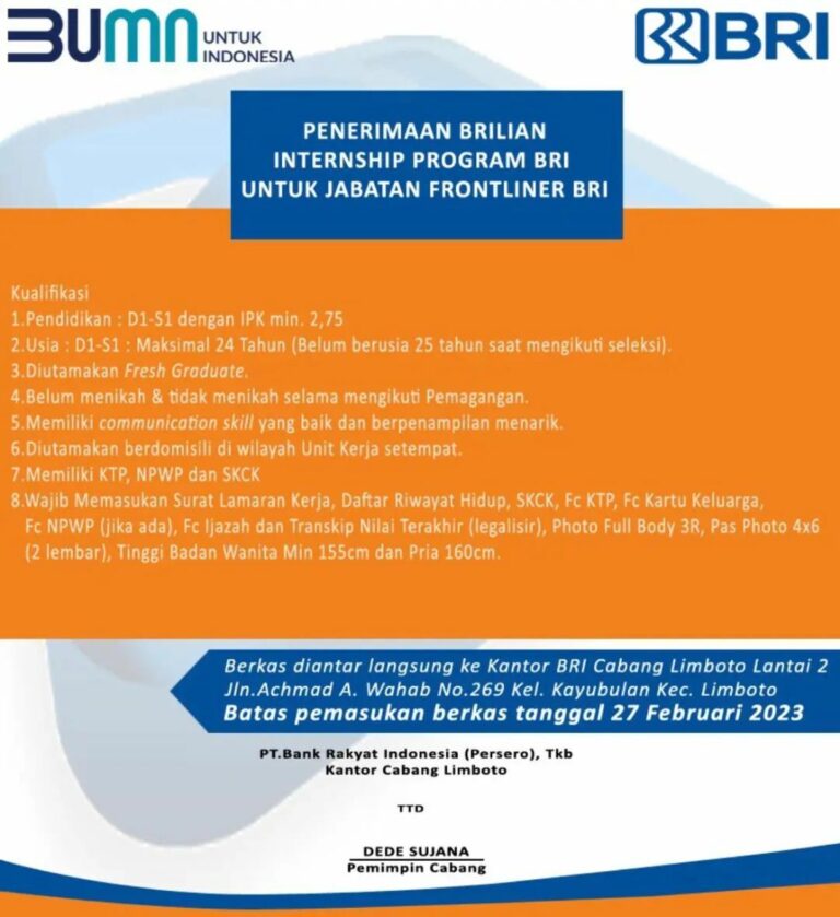 Lowongan Kerja BUMN – PT. Bank Rakyat Indonesia (Persero) Tbk