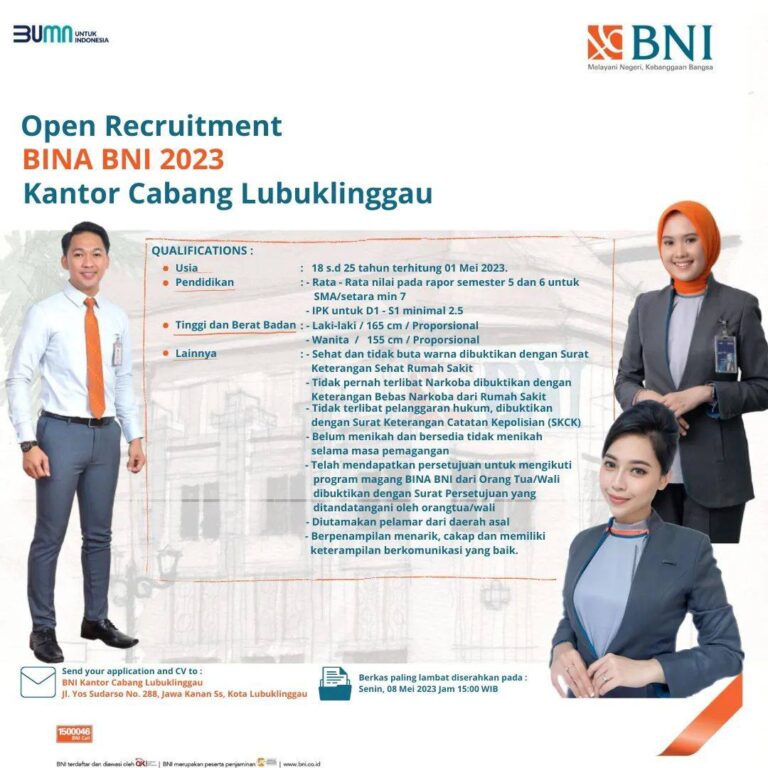 Lowongan BUMN Bank BNI (Wilayah KC Lubuklinggau)