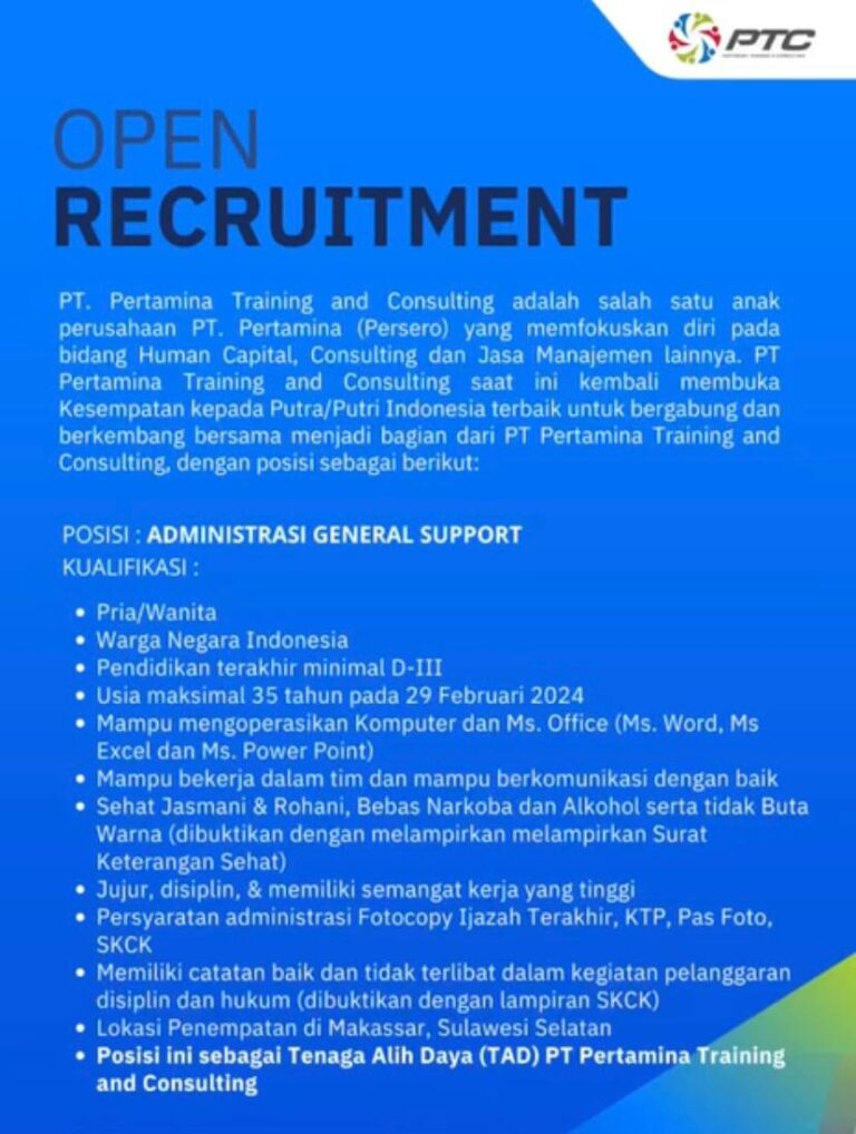 Lowongan Kerja BUMN – PT Pertamina Training and Consulting